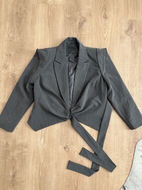 Cropped Gray Tie-Front Tailored Women's Blazer small